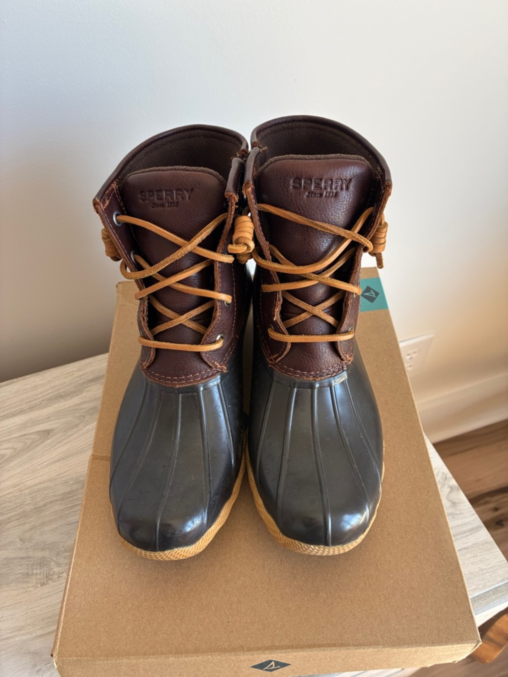 Sperry Brown Leather and Dark Green Rubber Duck Boots